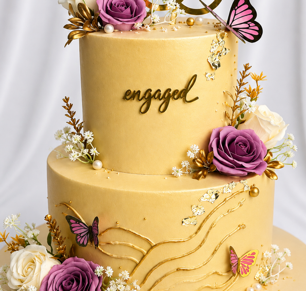 Gilded Lavender Rose & Interlocking Rings 2-Tier Engagement Cake