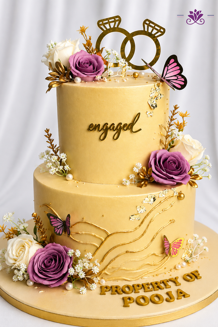 Gilded Lavender Rose & Interlocking Rings 2-Tier Engagement Cake