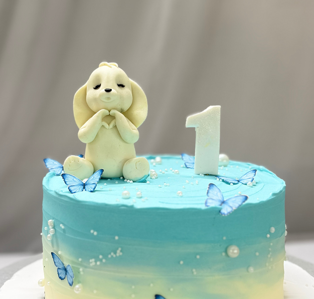 Whimsical Puppy & Fluttering Blue Butterflies 1st Birthday Cake