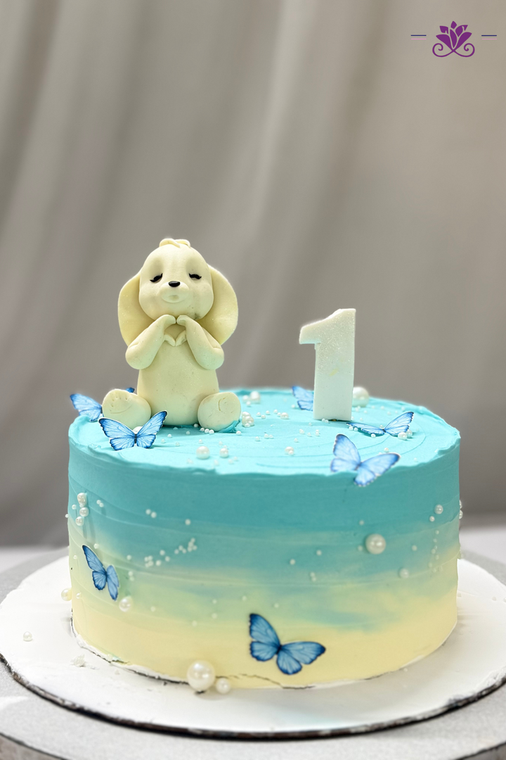 Whimsical Puppy & Fluttering Blue Butterflies 1st Birthday Cake