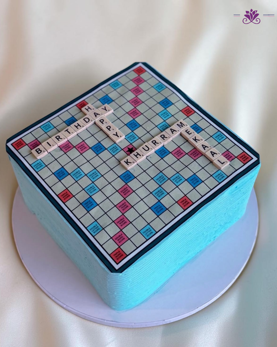 Scrabble-themed birthday cake