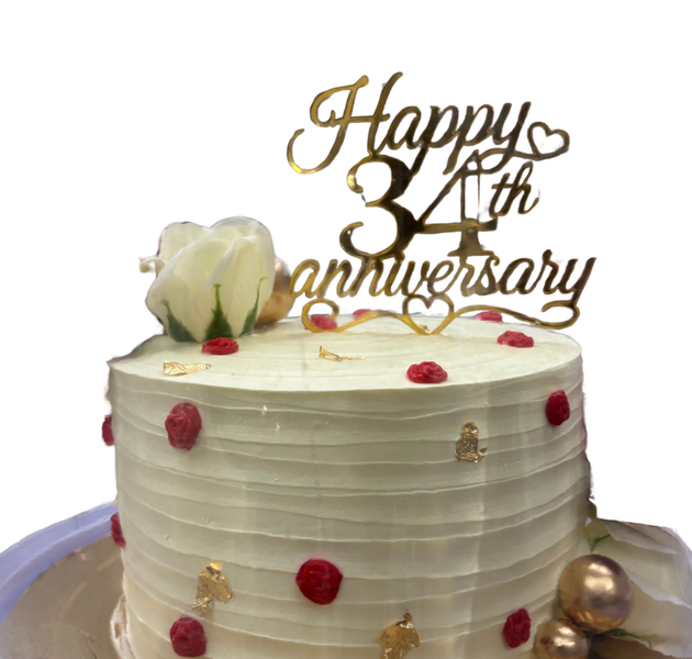 Crimson Rosette & Gold Leaf 34th Milestone Anniversary Cake