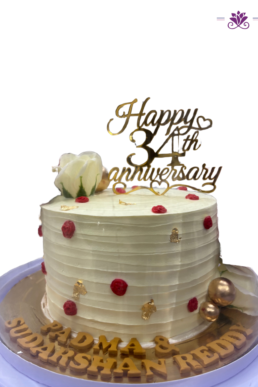 Crimson Rosette & Gold Leaf 34th Milestone Anniversary Cake