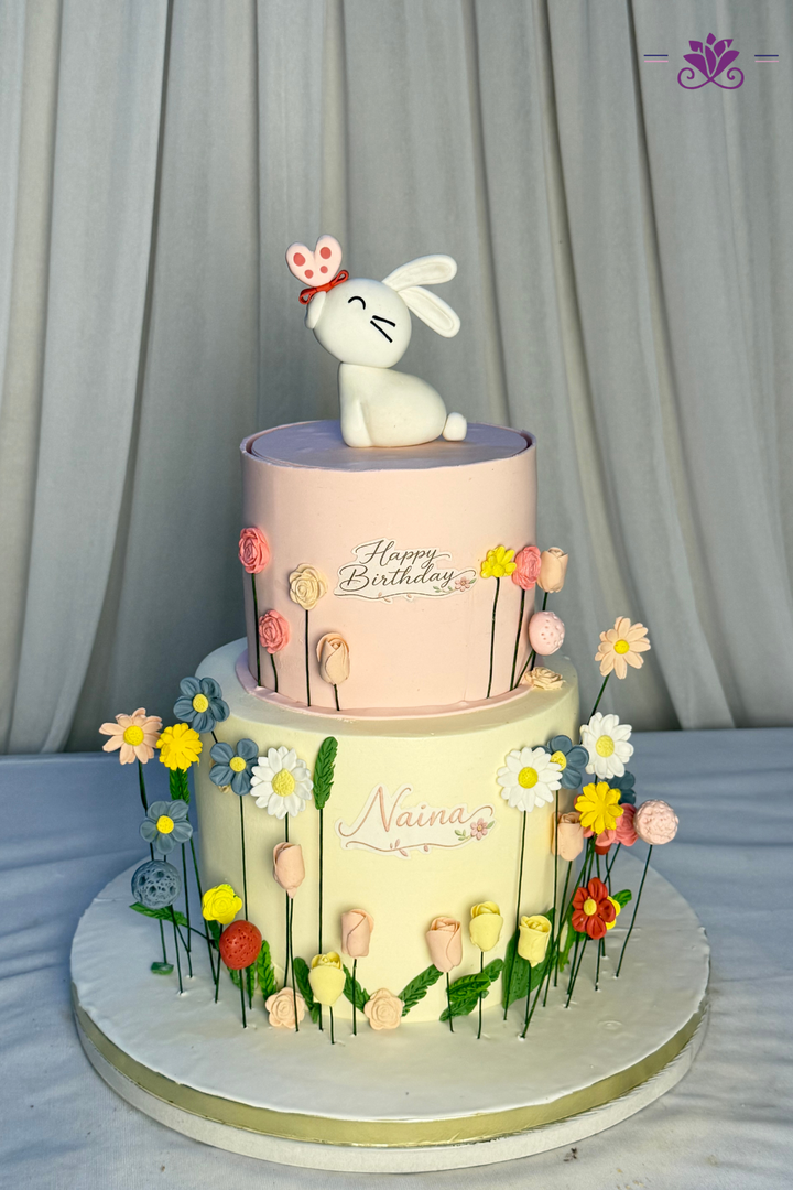 Enchanted Meadow Bunny & Wildflower 2-Tier Birthday Cake