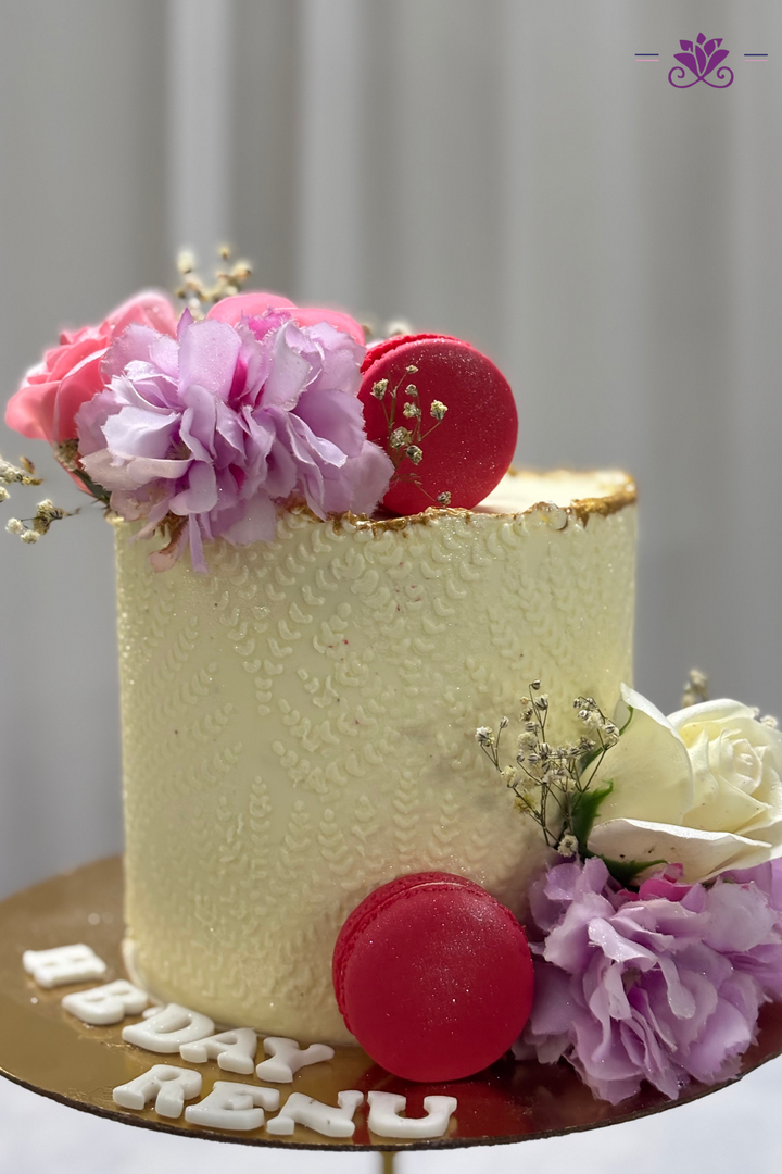 Textured Knit Cream Floral & French Macaron Celebration Cake
