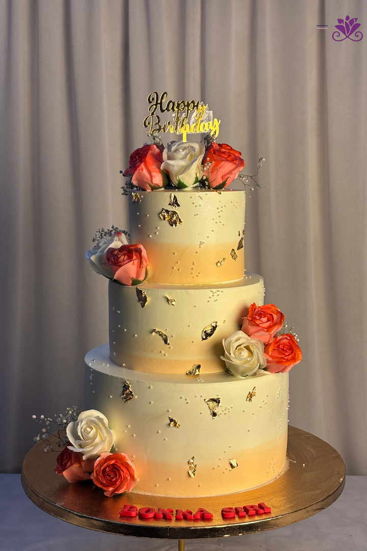 Sunset Coral & Gold Leaf 3-Tier Floral Birthday Cake