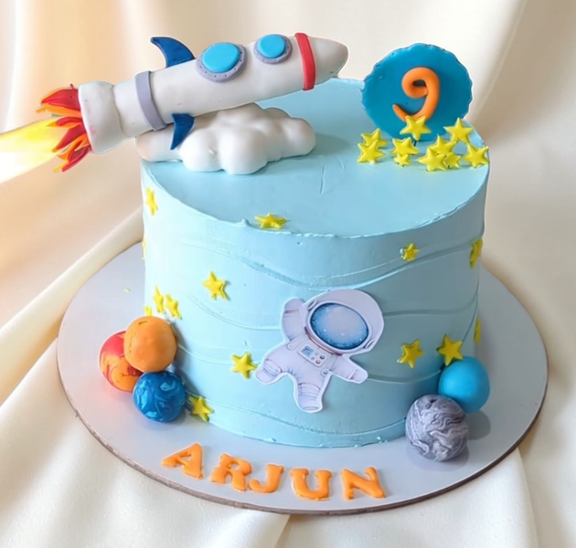 Space Rocket Sparkler Birthday Cake with Real Flame Effect & Astronaut Theme