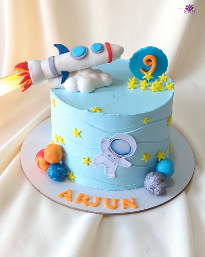 Space Rocket Sparkler Birthday Cake with Real Flame Effect & Astronaut Theme