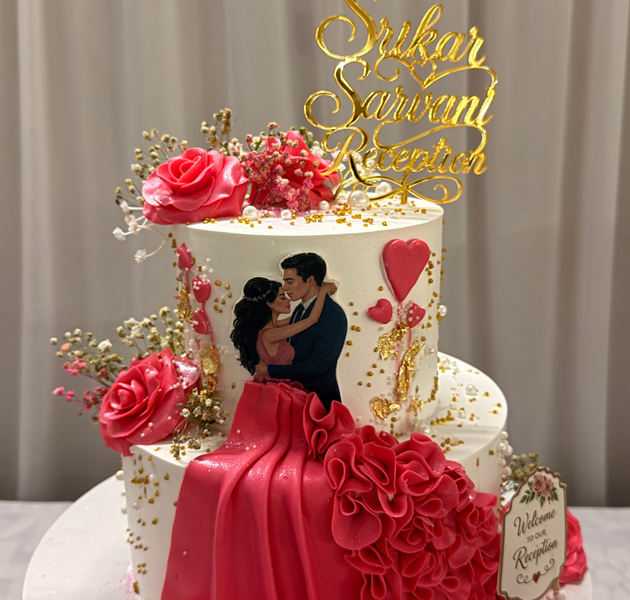 Cascading Crimson Pink Gown Tiered Wedding Cake
