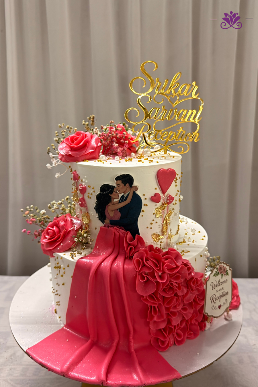 Cascading Crimson Pink Gown Tiered Wedding Cake
