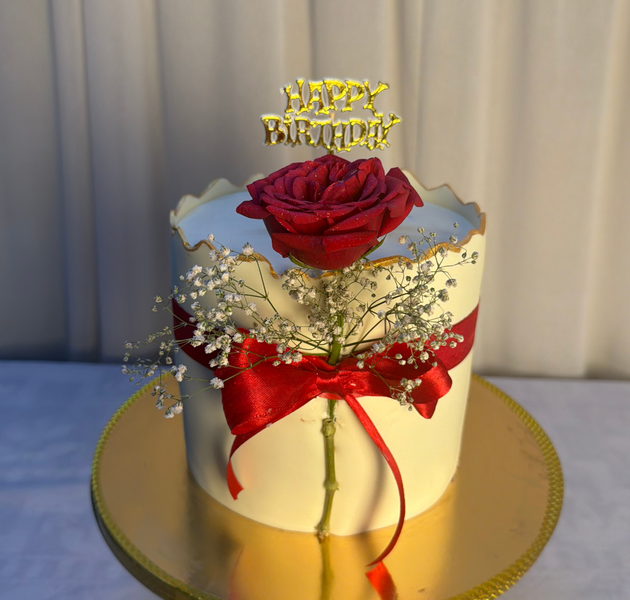 Single Red Rose & Golden Scallop Ribbon Birthday Cake