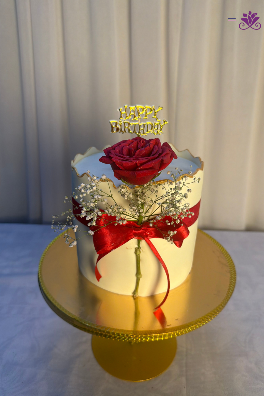 Single Red Rose & Golden Scallop Ribbon Birthday Cake