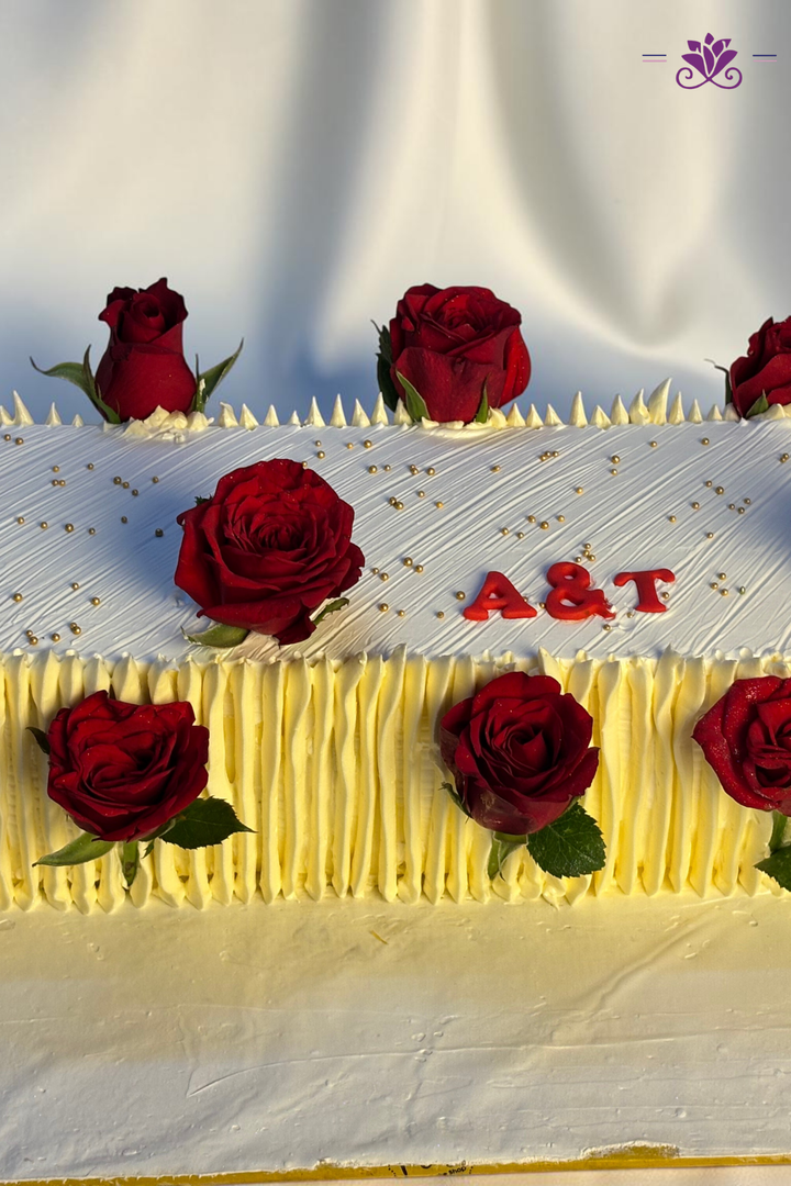 Classic Red Rose & Pleated Cream Monogram Cake