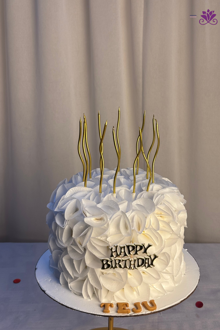 Sculpted White Wafer Ruffle & Curly Gold Candles Birthday Cake