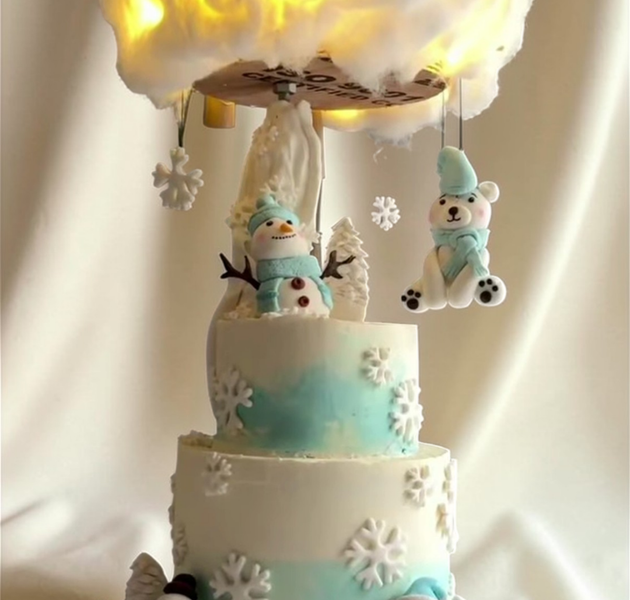 Winter Wonderland Anti-Gravity Cake with LED Cloud Effect & Snow Theme