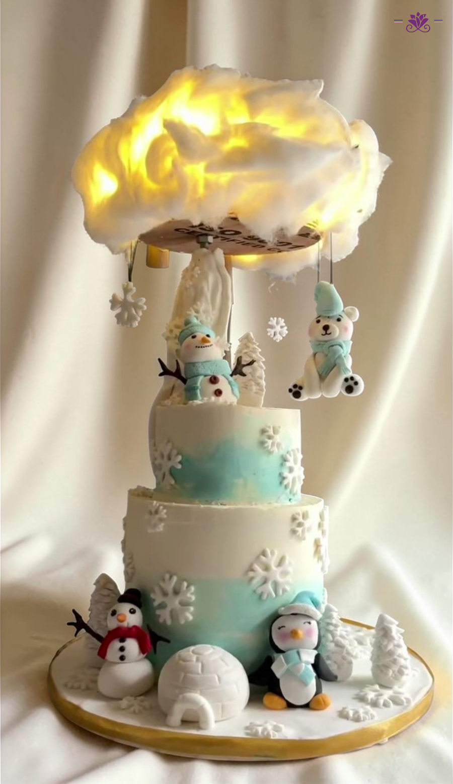 Winter Wonderland Anti-Gravity Cake with LED Cloud Effect & Snow Theme