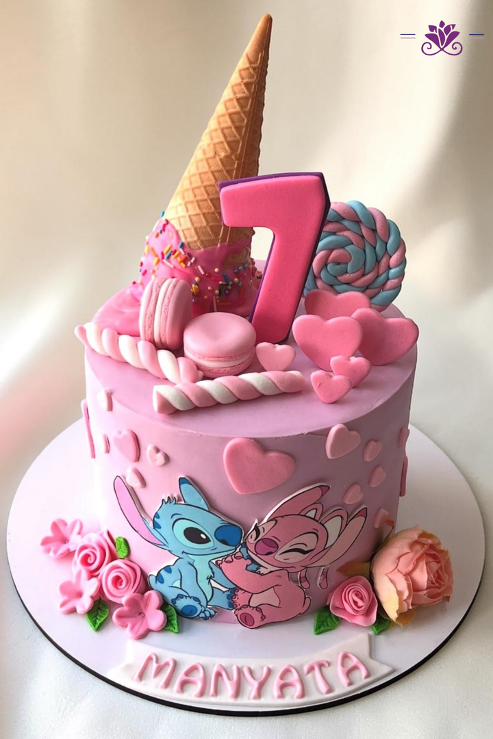 Cute pink Stitch and Angel 7th birthday cake