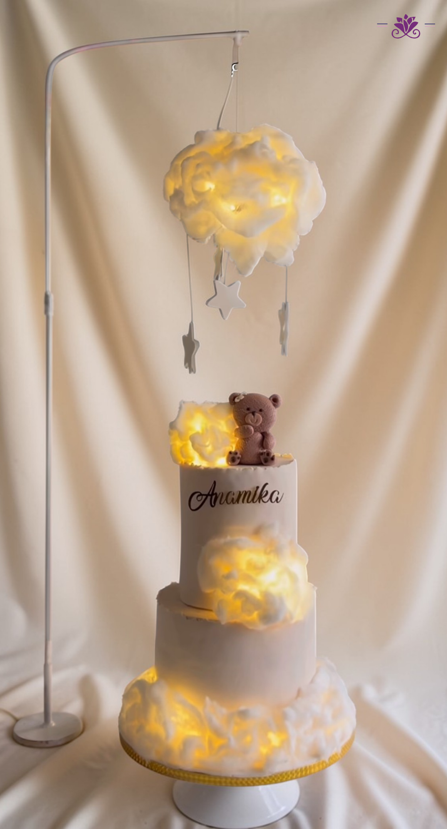 Teddy Cloud Light Theme Cake with Hanging Glow Clouds