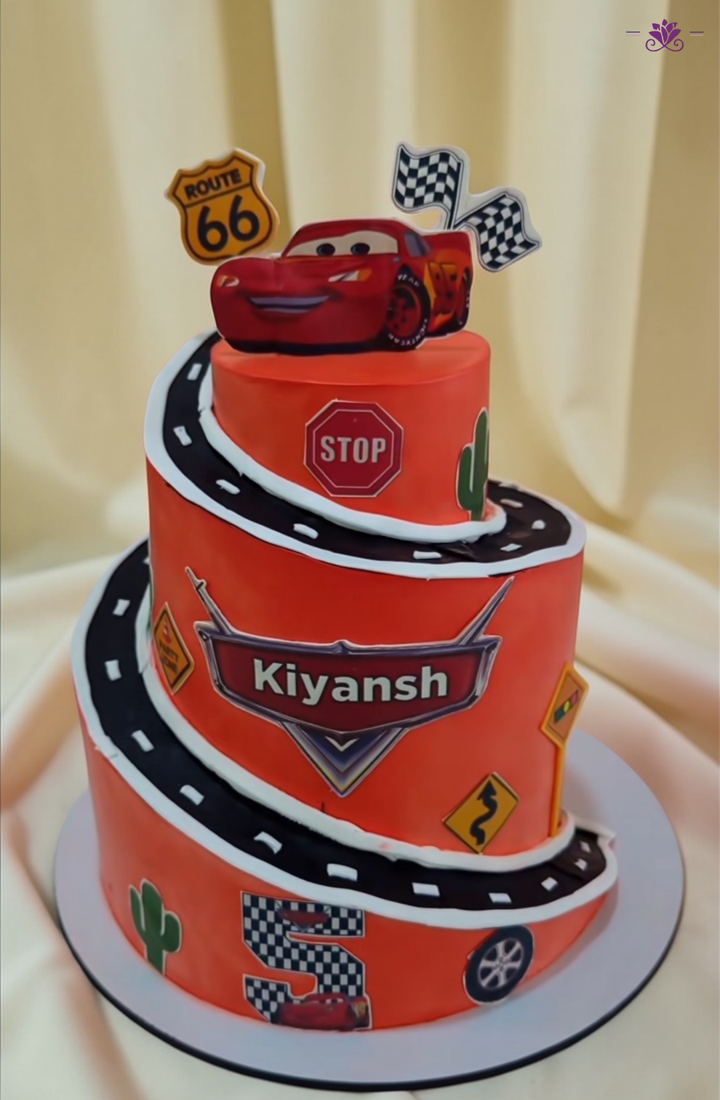 Lightning McQueen Cars Theme Birthday Cake with Road Track Design