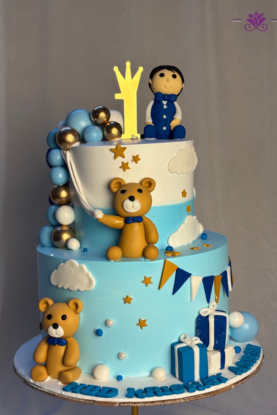 Teddy Bear & Baby Boy 1st Birthday 2-Tier Celebration Cake