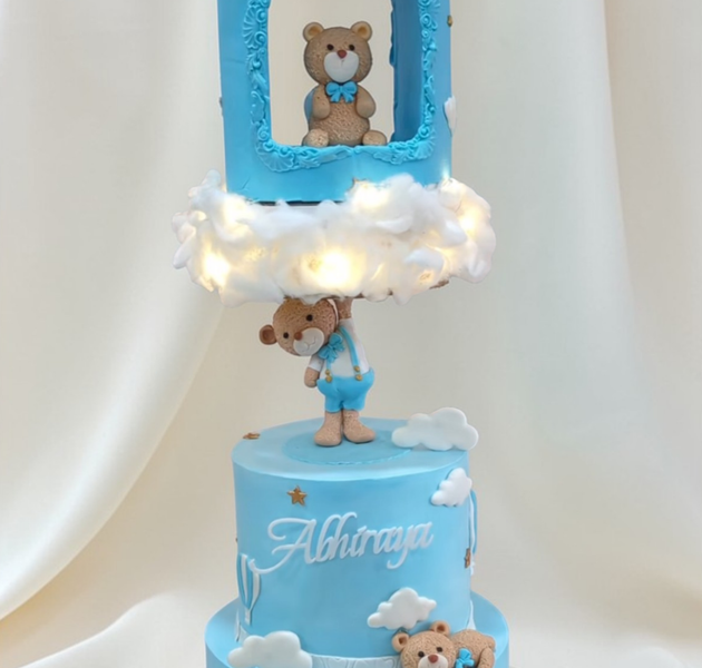 Teddy Bear Anti Gravity First Birthday Cake with Cloud & Hot Air Balloon Theme