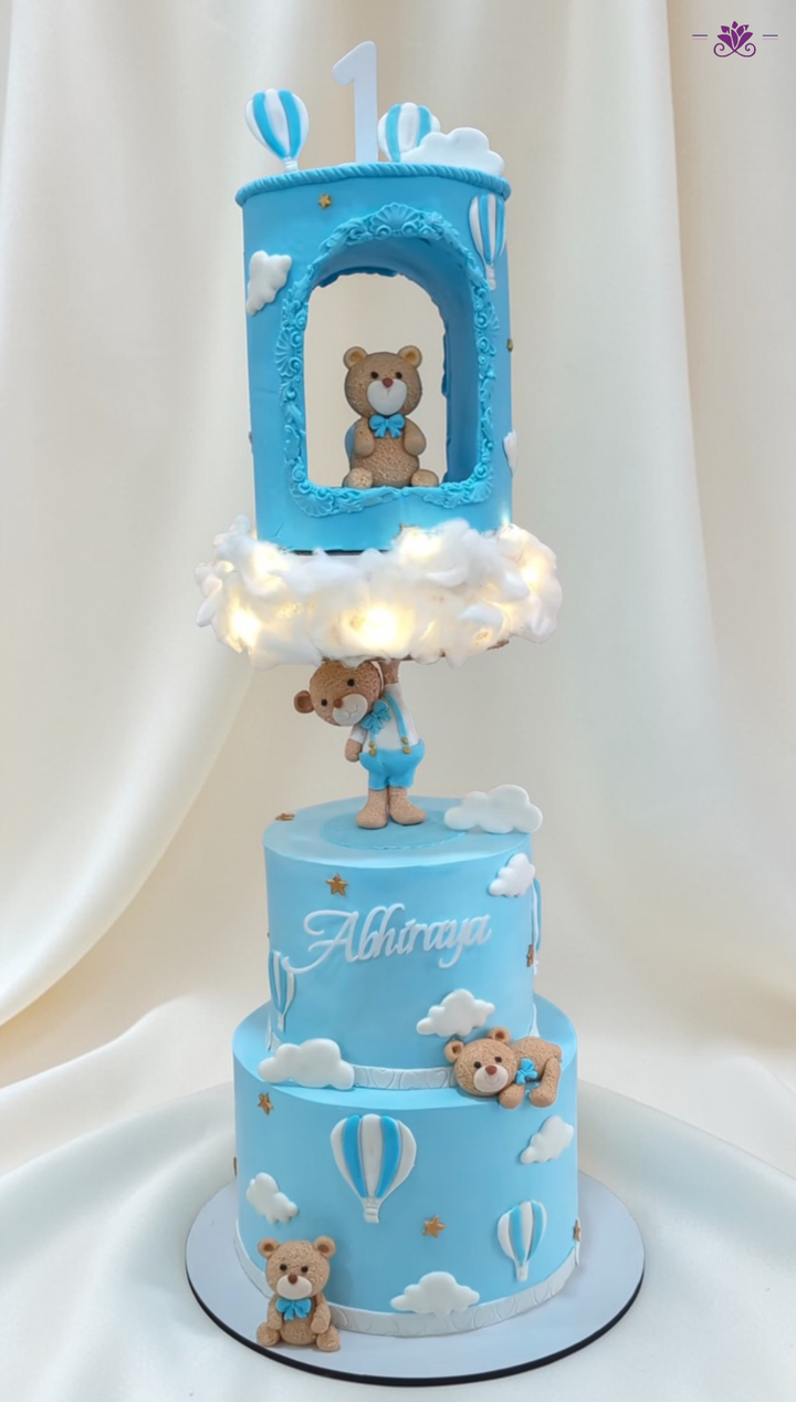Teddy Bear Anti Gravity First Birthday Cake with Cloud & Hot Air Balloon Theme