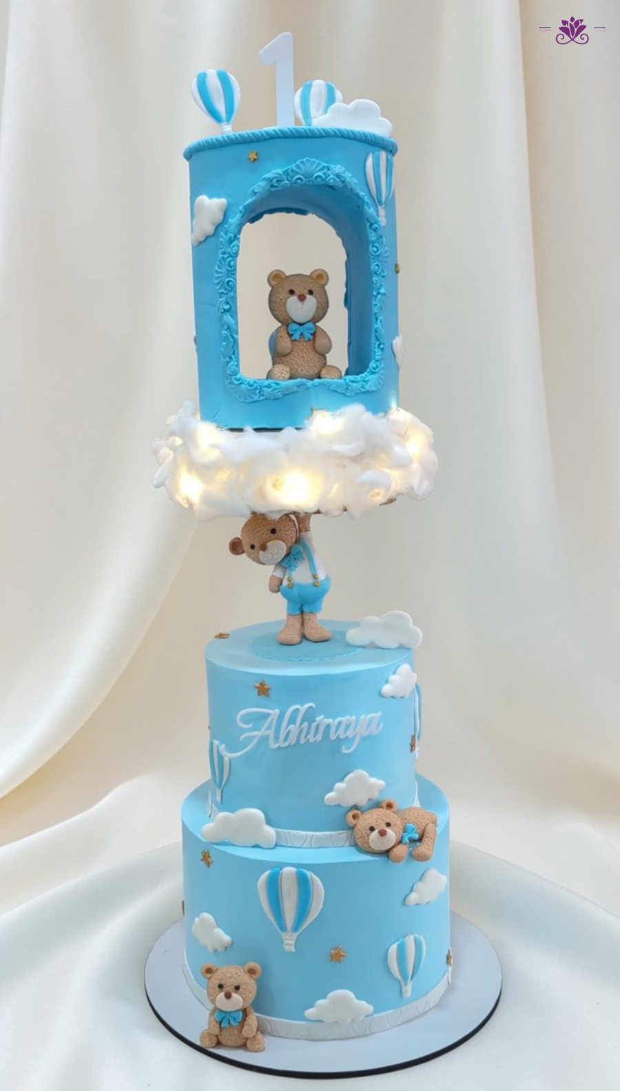 Teddy Bear Anti Gravity First Birthday Cake with Cloud & Hot Air Balloon Theme