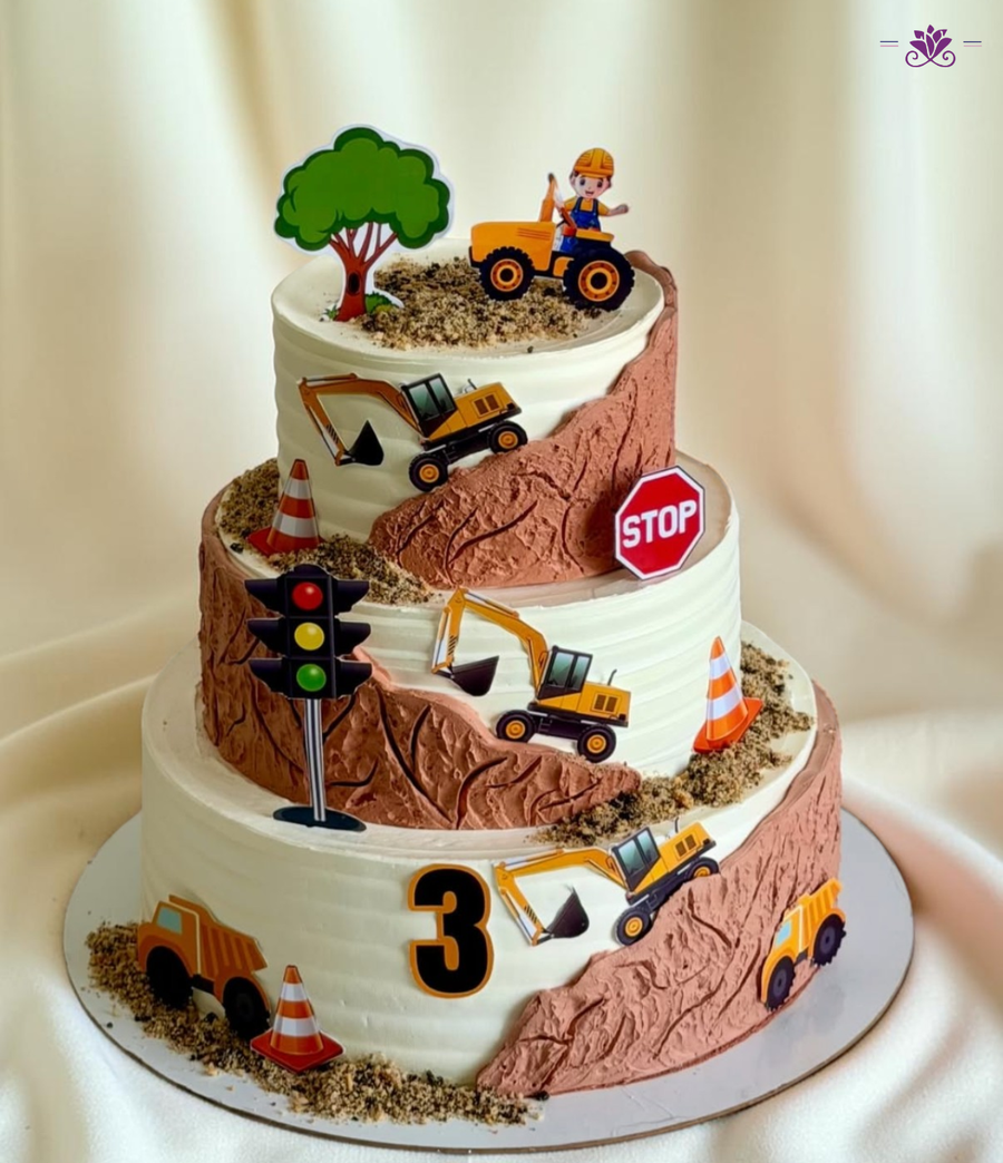 Construction Theme Birthday Cake with Excavator, Trucks & Road Work Design (Eggless Designer Cake)