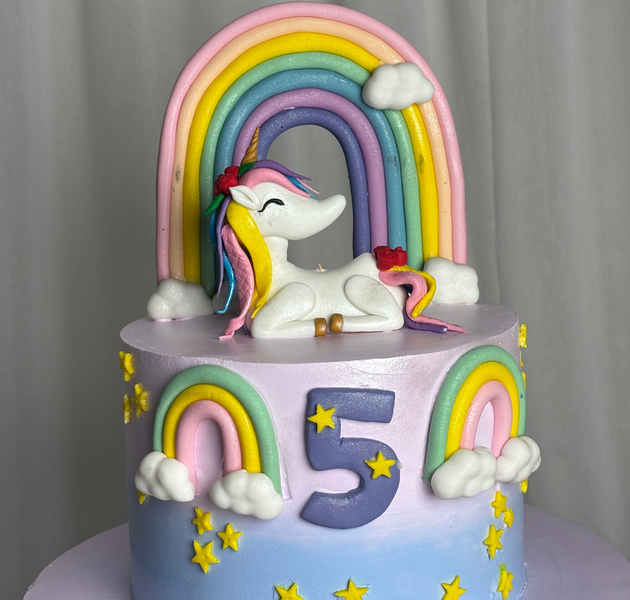 Pastel Rainbow Arch & Sleeping Unicorn 5th Birthday Cake