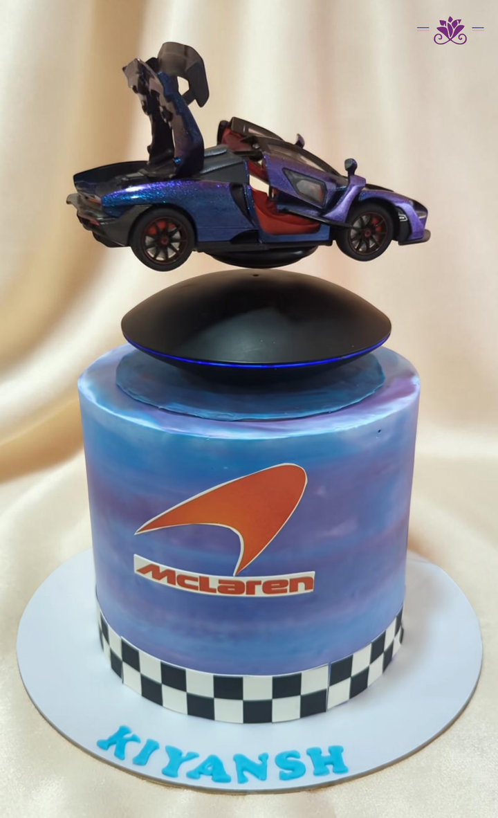 Luxury McLaren Supercar Cake with Levitating Car Topper & Racing Theme (Eggless Designer Cake)
