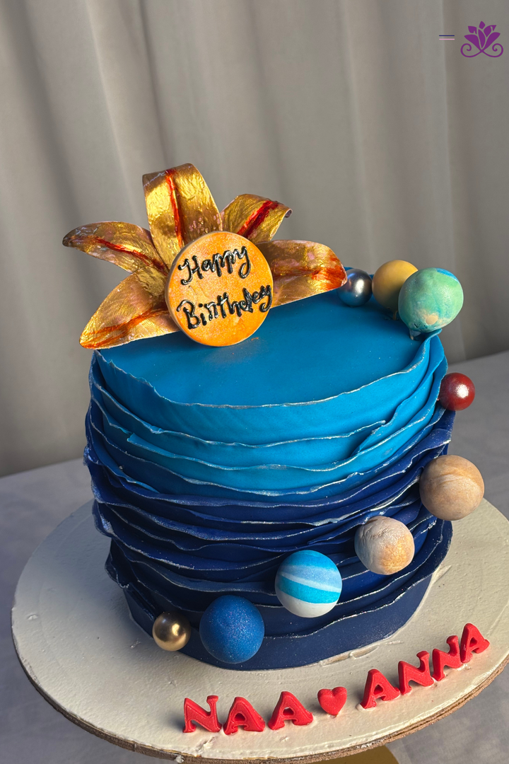 Cosmic Galaxy Ruffle & Orbiting Planets Birthday Cake