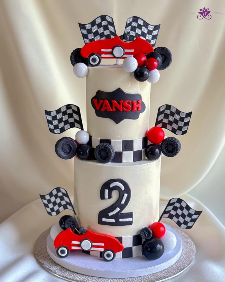 Stylish two-tier racing car birthday cake