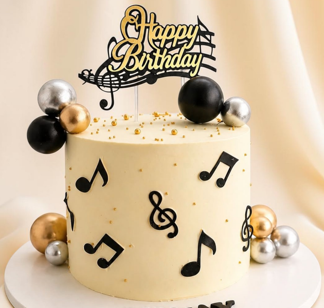 Elegant Black & Gold Musical Birthday Cake