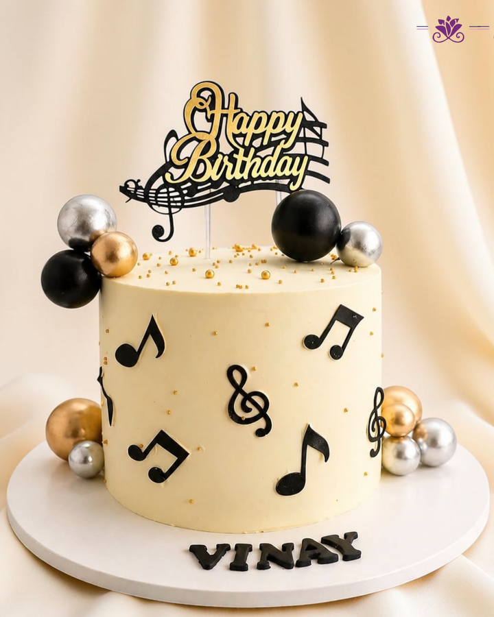 Elegant Black & Gold Musical Birthday Cake