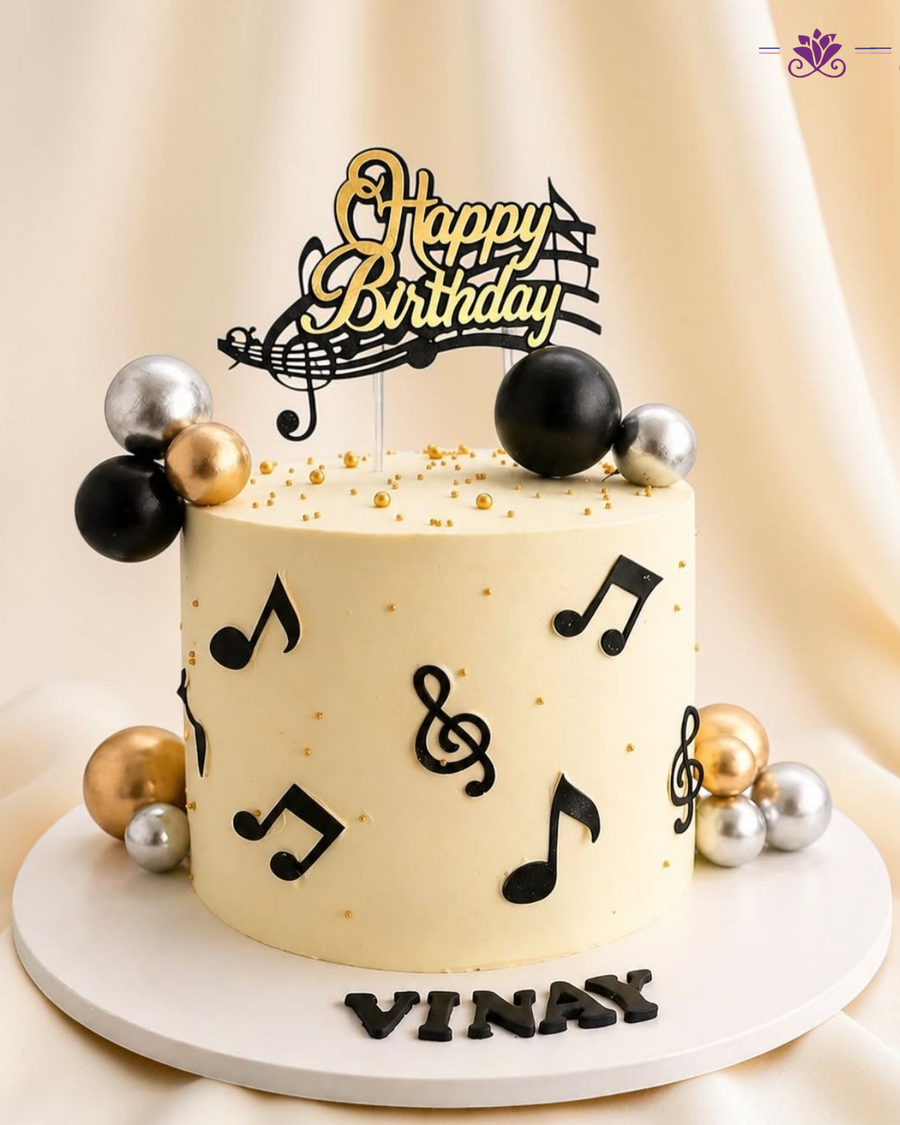 Elegant Black & Gold Musical Birthday Cake