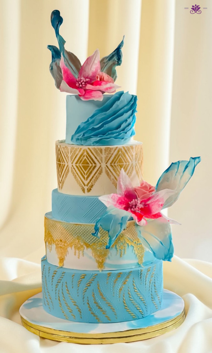 Royal Artistic Blue Floral Tier Wedding Cake