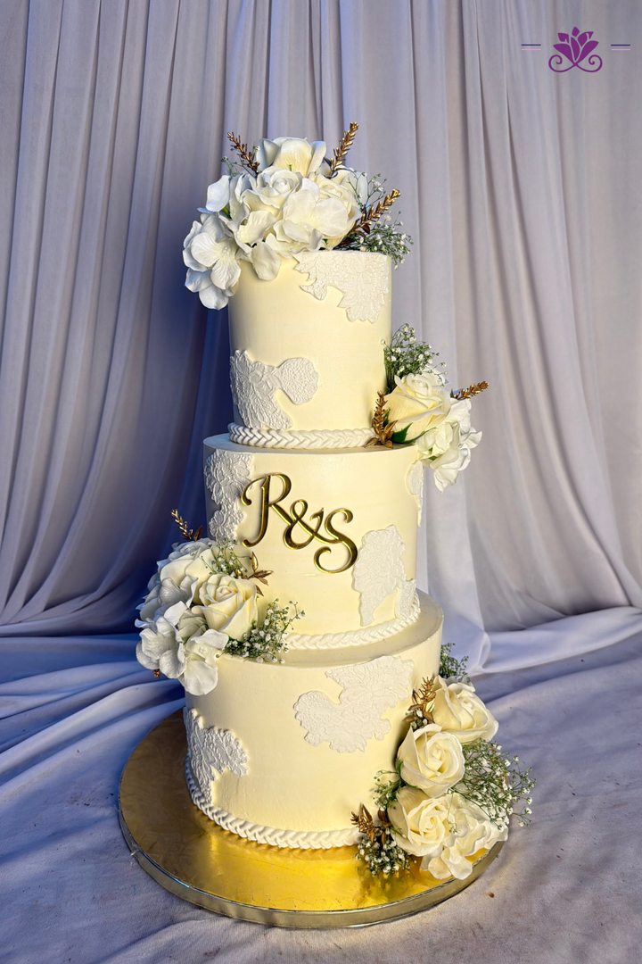 Ivory Lace & White Rose 3-Tier Wedding Reception Cake