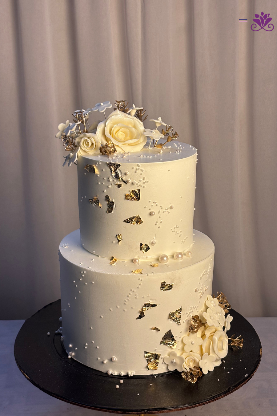 Regal Ivory & Gold Leaf 2-Tier Floral Wedding Cake